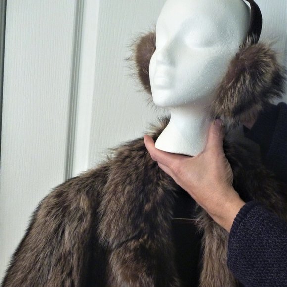 Long Racoon Real Fur Long Coat L Women Brown Gray USA Slit Ear Muffs Set - Picture 2 of 15